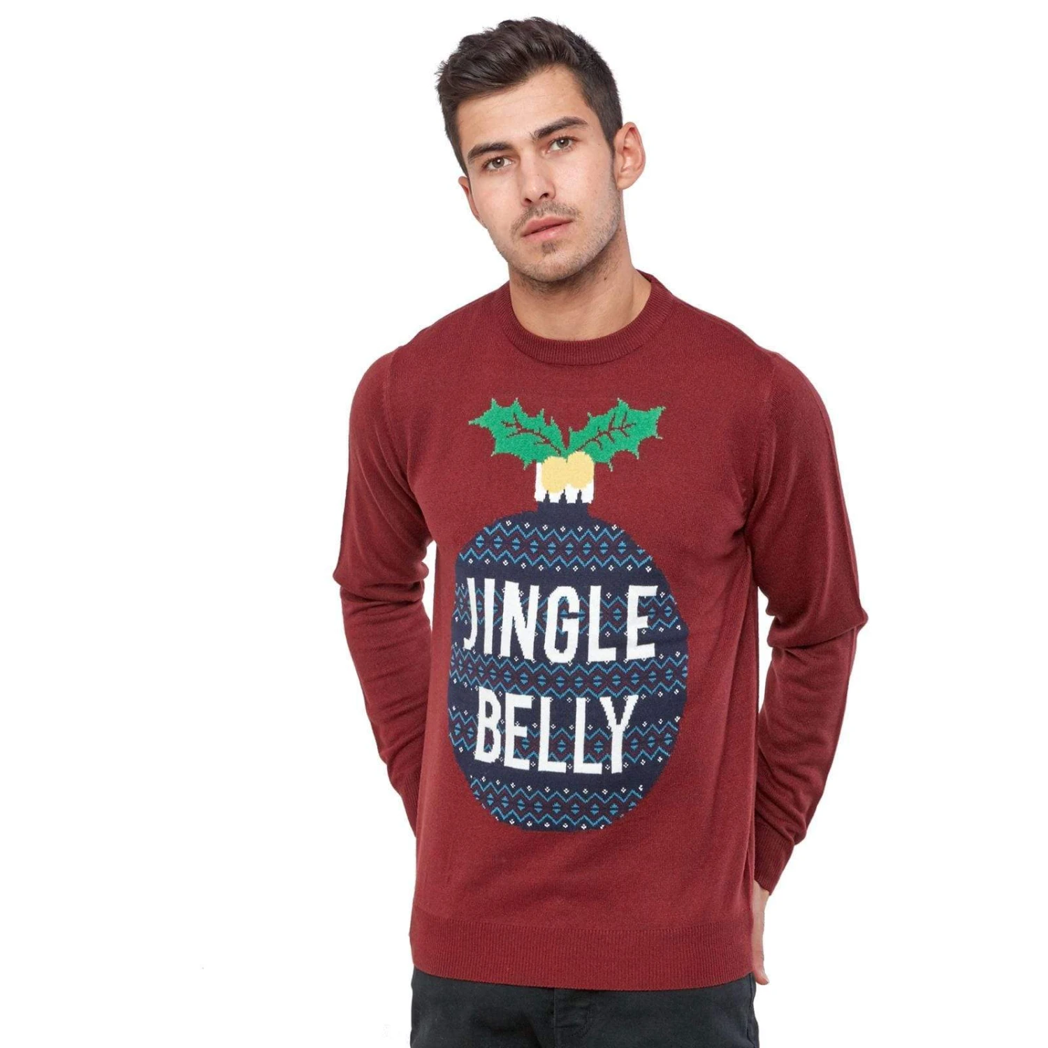Mens Christmas Jumper Jingle Belly Tree Bauble Burgundy Fun 3 Mens Christmas Jumper Jingle Belly Tree Bauble Burgundy Fun