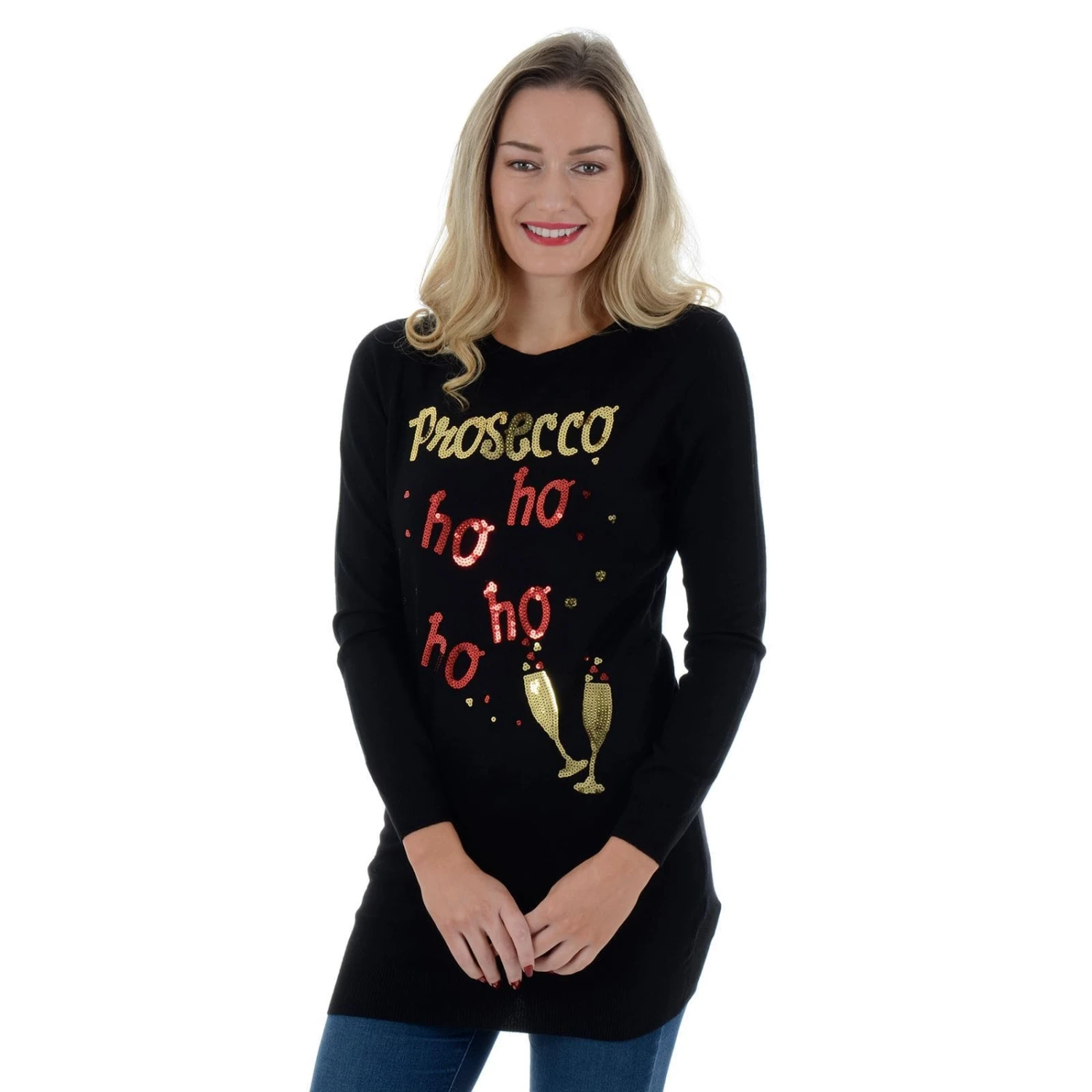 Womens Novelty Sequin Prosecco HO HO HO Tunic Christmas Jumper 3 Womens Novelty Sequin Prosecco HO HO HO Tunic Christmas Jumper
