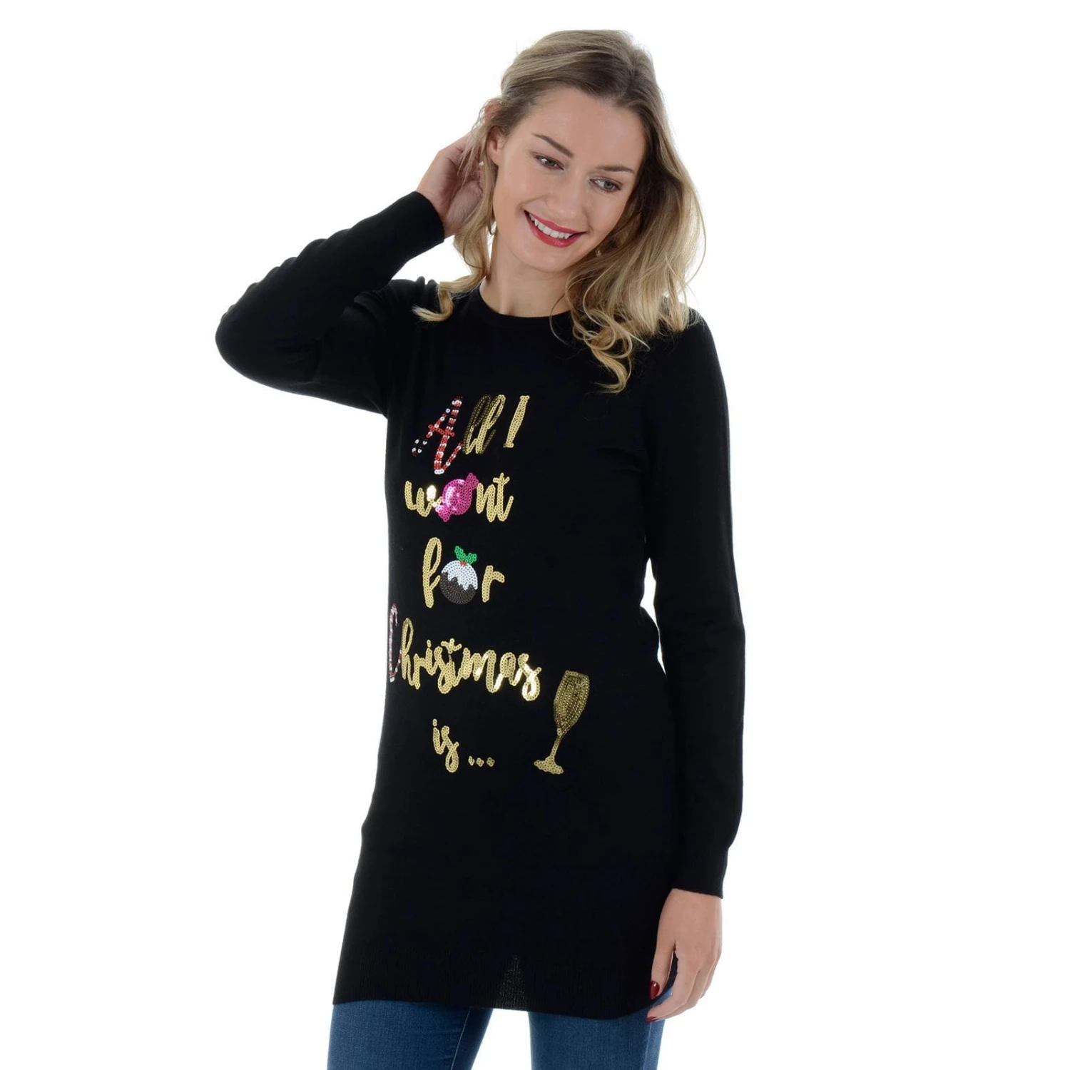 Womens Novelty Sequin All I Want For Christmas Tunic Jumper 4 Womens Novelty Sequin All I Want For Christmas Tunic Jumper - Image 2
