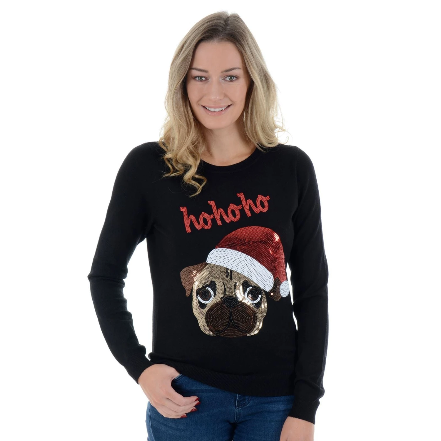 Womens Novelty Sequin Santa Pug HO HO HO Christmas Jumper 3 Womens Novelty Sequin Santa Pug HO HO HO Christmas Jumper
