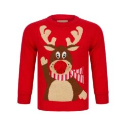 Kids Waving Reindeer Pom Pom Nose Christmas Jumper -Halloween Supply Store 4A190271F 1.opt