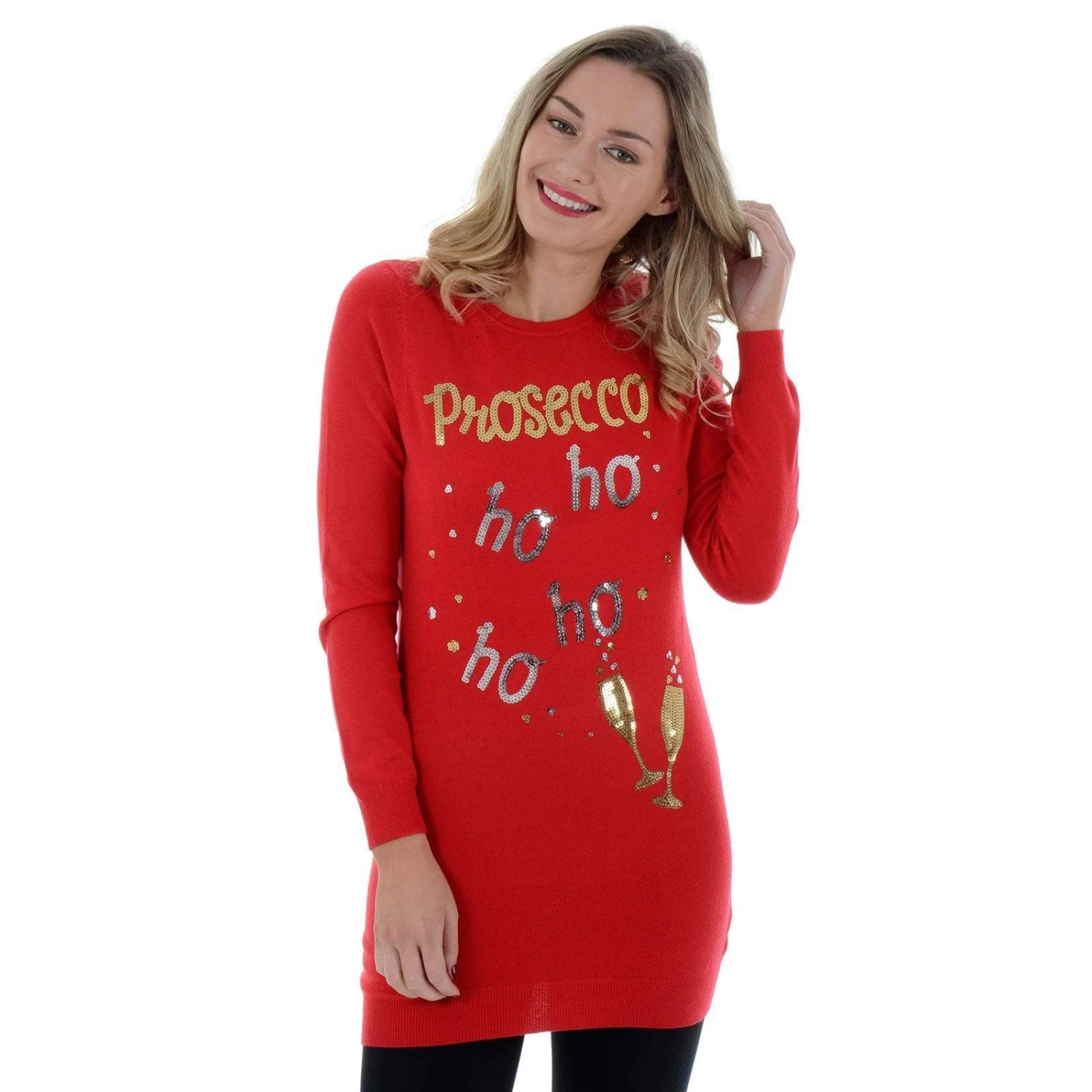 Womens Novelty Sequin Prosecco HO HO HO Tunic Christmas Jumper 5 Womens Novelty Sequin Prosecco HO HO HO Tunic Christmas Jumper - Image 3