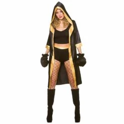 Knockout Boxer Fancy Dress Costume Womens Hooded Robe Gloves