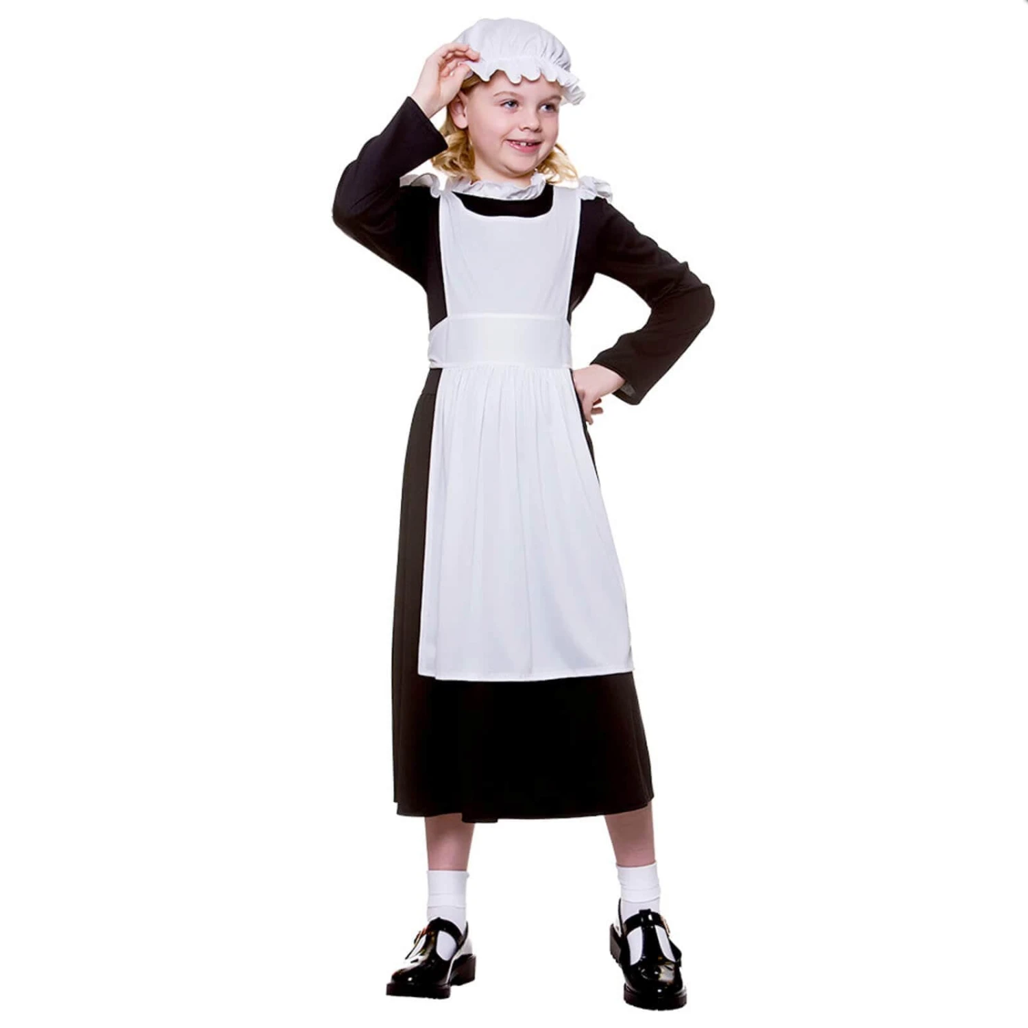 Girls Victorian Maid Costume Black Dress White Apron Mop Hat 3 Girls Victorian Maid Costume Black Dress White Apron Mop Hat