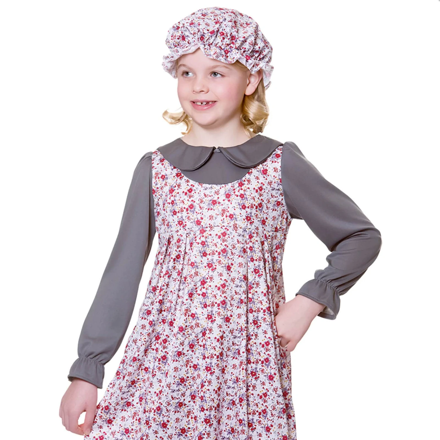 Victorian Girl Costume Floral Print Dress Mop Hat Historical 4 Victorian Girl Costume Floral Print Dress Mop Hat Historical - Image 2