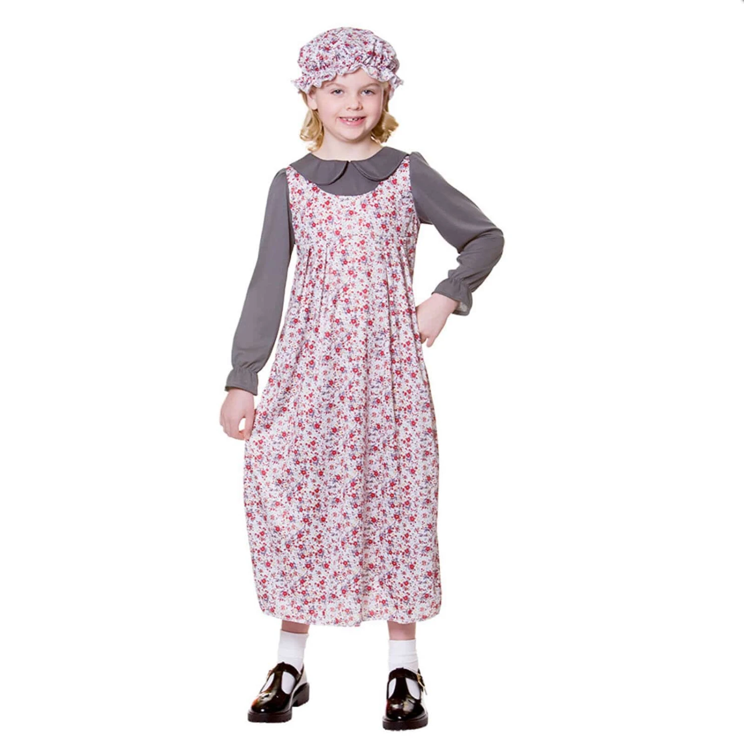 Victorian Girl Costume Floral Print Dress Mop Hat Historical 3 Victorian Girl Costume Floral Print Dress Mop Hat Historical
