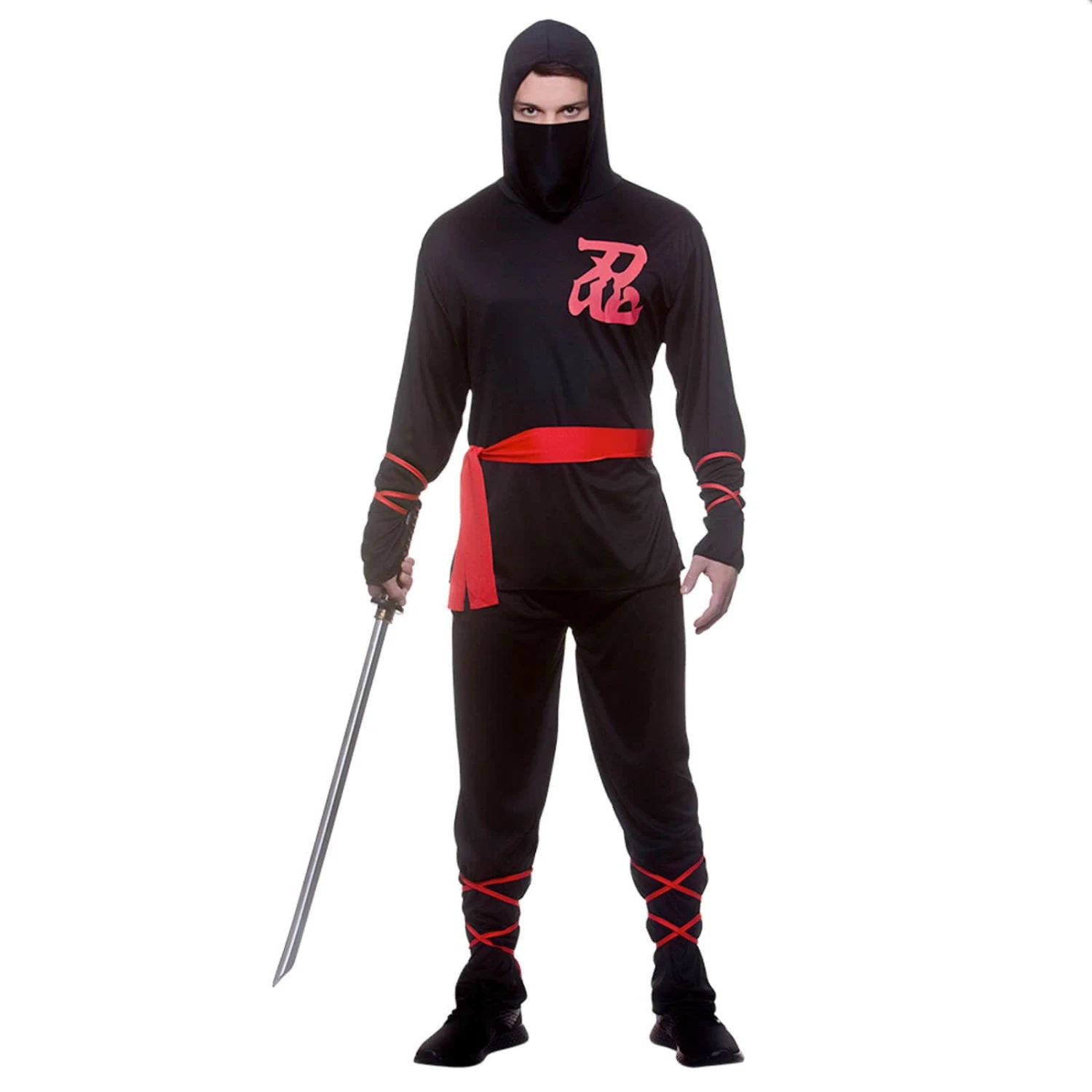Mens Ninja Assassin Costume Black Red Ties Fancy Dress 3 Mens Ninja Assassin Costume Black Red Ties Fancy Dress