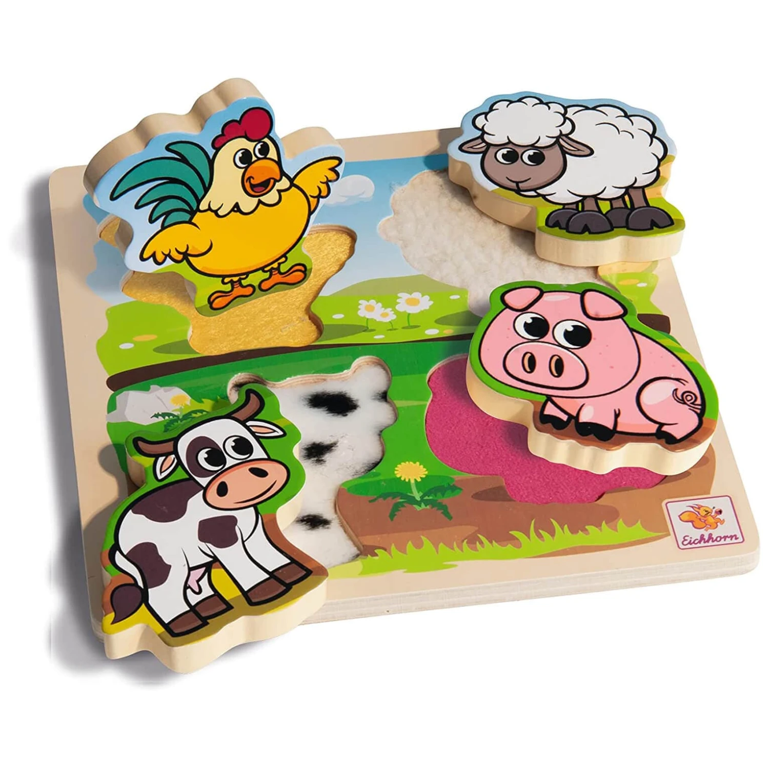 Eichhorn Wooden Puzzle Farm Animals With Fabric 5 Pieces Age 1+ 4 Eichhorn Wooden Puzzle Farm Animals With Fabric 5 Pieces Age 1+ - Image 2