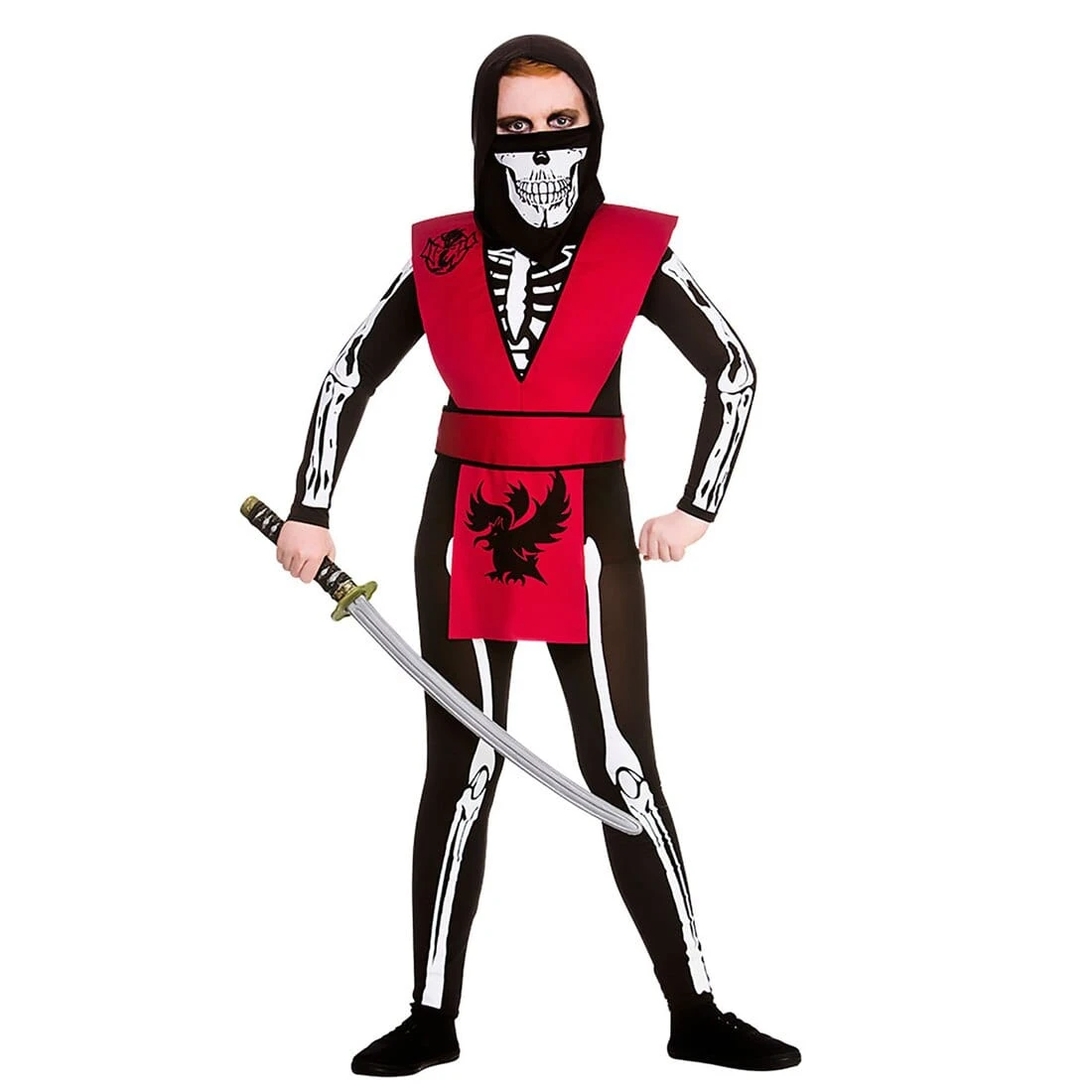 Skeleton Ninja Kids Red Black Suit Bones Fancy Dress Costume 3 Skeleton Ninja Kids Red Black Suit Bones Fancy Dress Costume