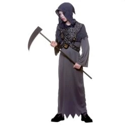 Boys Grim Reaper In Chains Halloween Costume Grey Hooded Robe