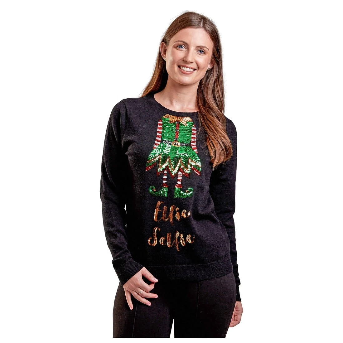 Womens Elfie Selfie Christmas Jumper Sparkle Sequins Xmas Top 4 Womens Elfie Selfie Christmas Jumper Sparkle Sequins Xmas Top - Image 2