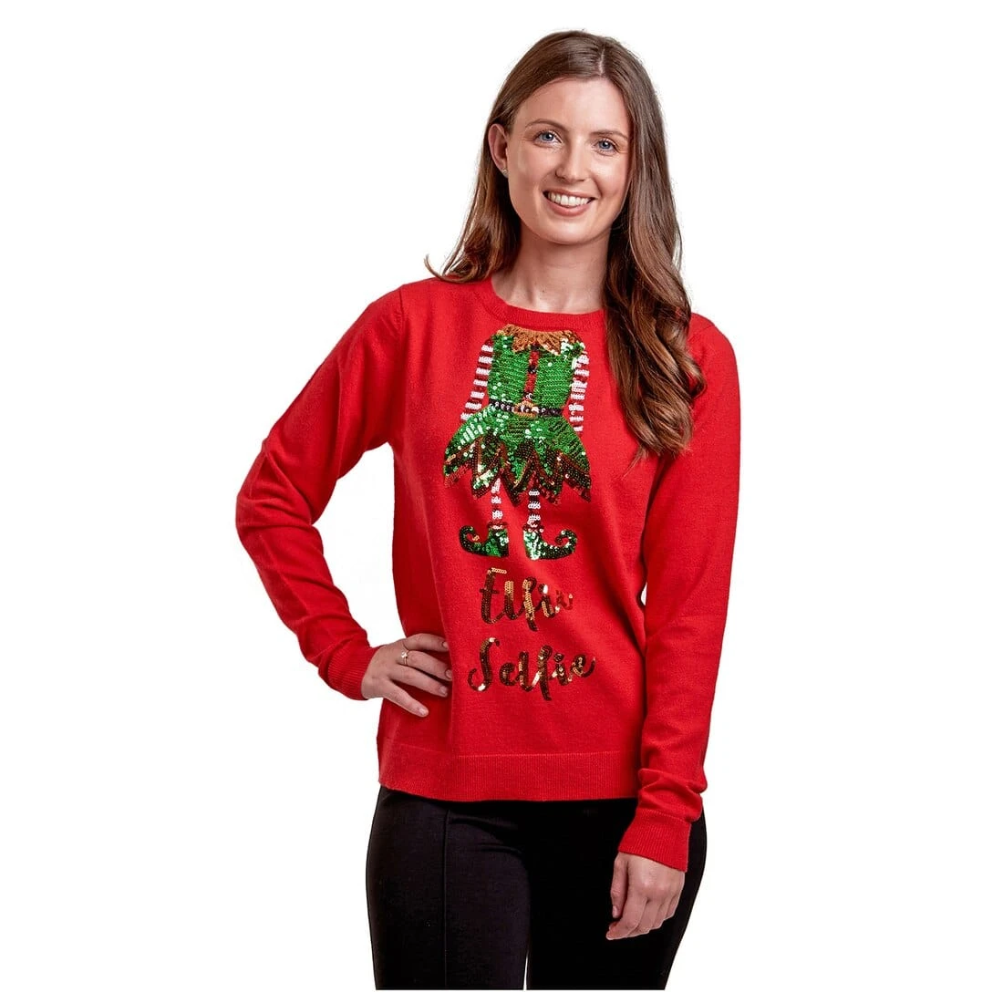 Womens Elfie Selfie Christmas Jumper Sparkle Sequins Xmas Top 5 Womens Elfie Selfie Christmas Jumper Sparkle Sequins Xmas Top - Image 3