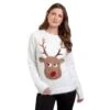 Womens Christmas Jumper Cream Happy Reindeer Sequins Top