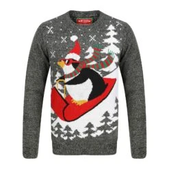 Mens Penguin Christmas Jumper With Red Sledge