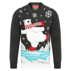 Mens Christmas Jumper Polar Bear Ice Skating With Striped Scarf -Halloween Supply Store SRG1A15803 A 1 opt