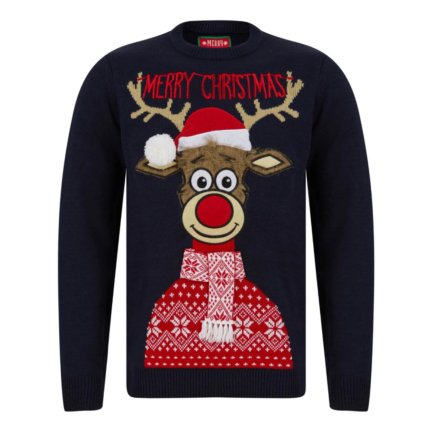Mens Classic Rudolph Faux Fur Christmas Jumper 3D Pom Pom 3 Mens Classic Rudolph Faux Fur Christmas Jumper 3D Pom Pom