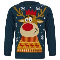 Kids Christmas Jumper Smiling Reindeer Snowflakes Fair Isle