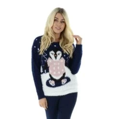 Womens Christmas Jumper Flashing Lights Penguin Pink Blue
