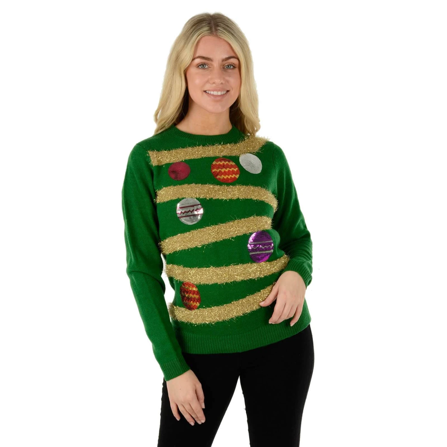 Womens Christmas Jumper Tinsel Bauble Tree Sequins Green 3 Womens Christmas Jumper Tinsel Bauble Tree Sequins Green