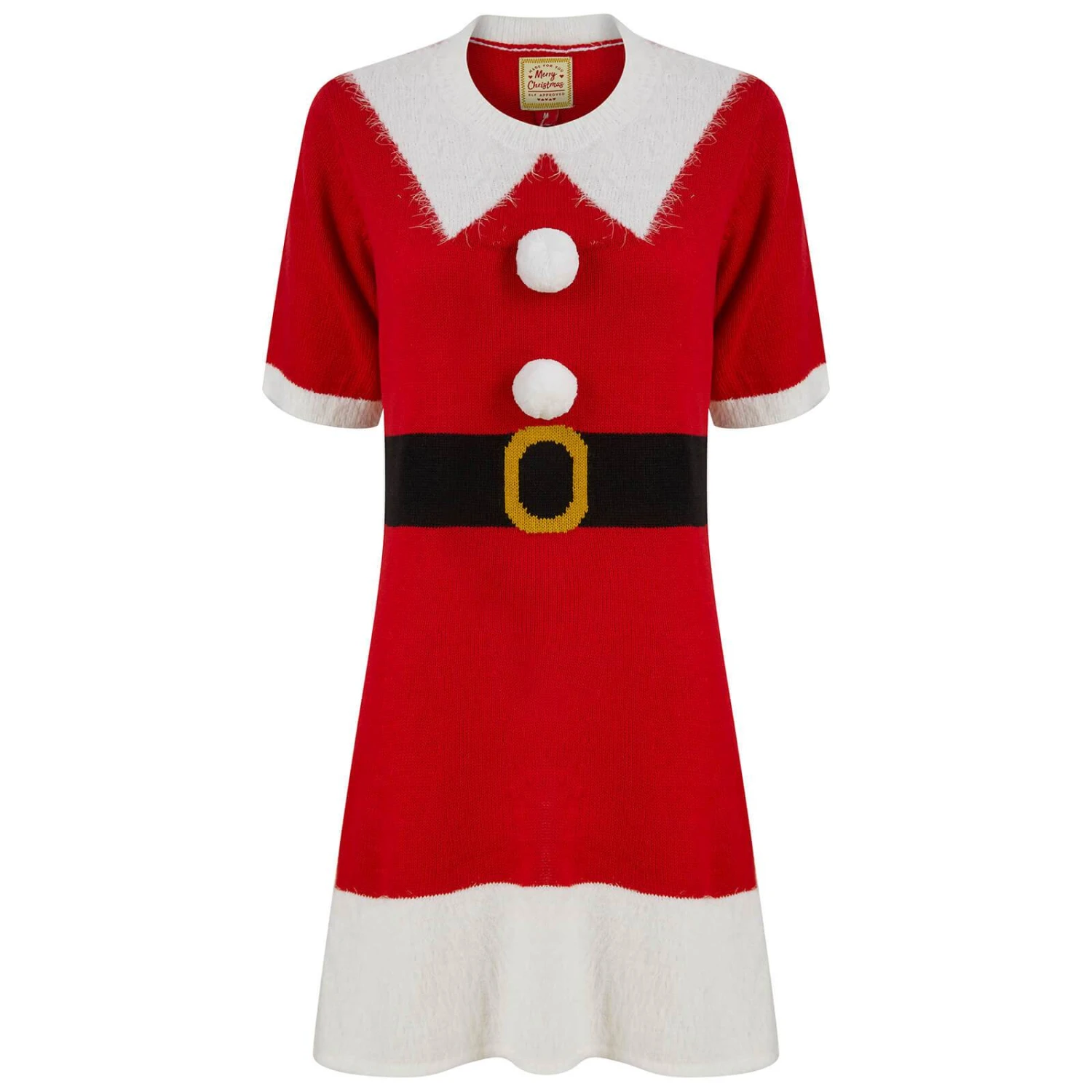 Womens Mrs Claus Santa Jumper Dress 3D Pom Pom Buttons 3 Womens Mrs Claus Santa Jumper Dress 3D Pom Pom Buttons