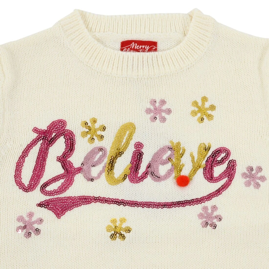 Girls Christmas Jumper Believe Flowers Sequins Pink Gold 4 Girls Christmas Jumper Believe Flowers Sequins Pink Gold - Image 2