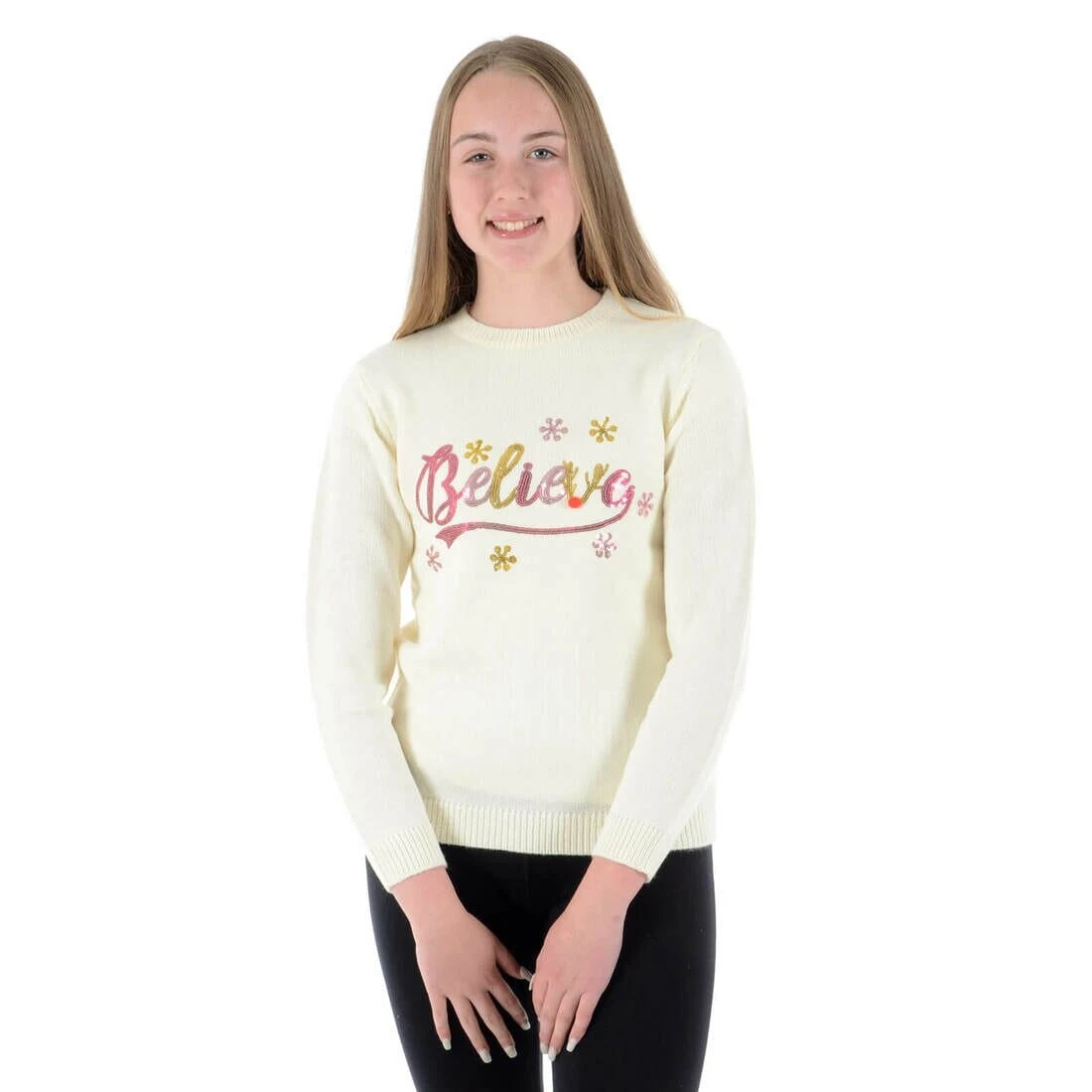Girls Christmas Jumper Believe Flowers Sequins Pink Gold 3 Girls Christmas Jumper Believe Flowers Sequins Pink Gold