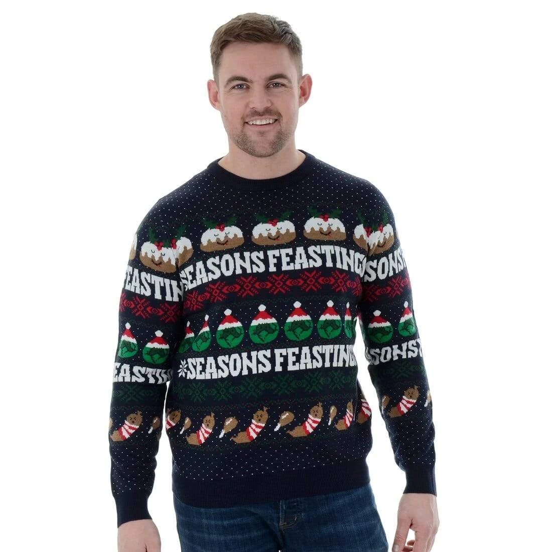 Mens Novelty Knitted Navy Christmas Jumper Seasons Feastings 3 Mens Novelty Knitted Navy Christmas Jumper Seasons Feastings