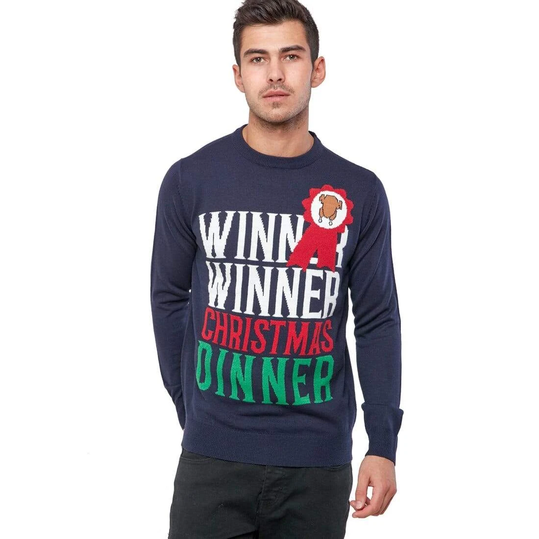 Mens Christmas Jumper Winner Xmas Dinner Slogan Navy Turkey 3 Mens Christmas Jumper Winner Xmas Dinner Slogan Navy Turkey
