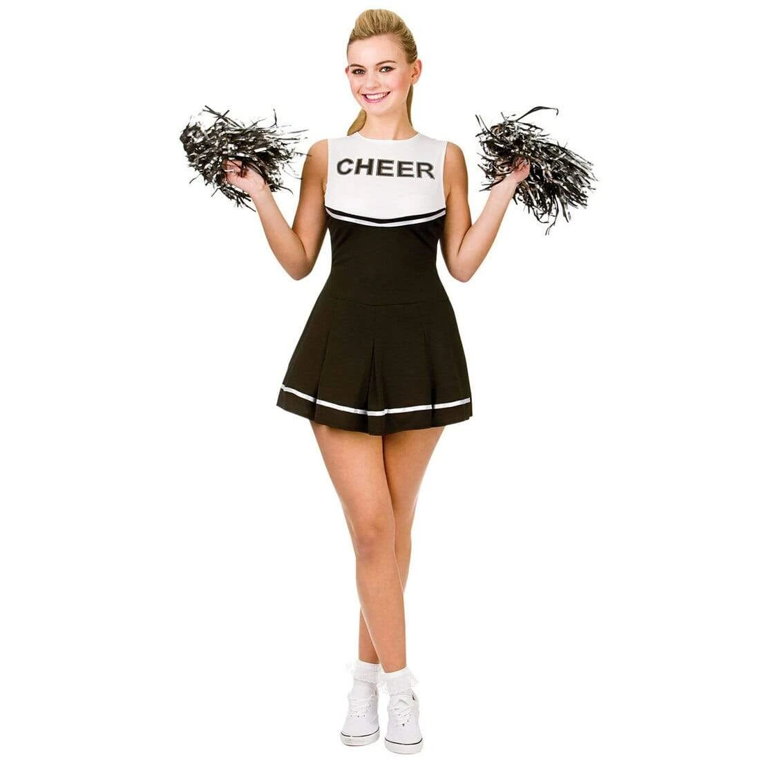 Womens Cheerleader Black/White Fancy Dress Halloween Costume 3 Womens Cheerleader Black/White Fancy Dress Halloween Costume