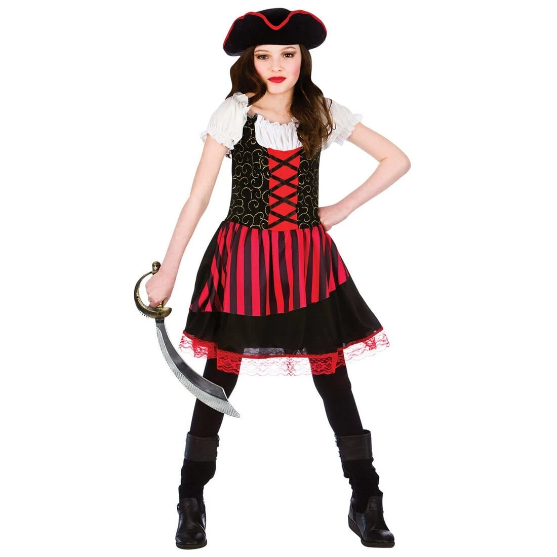 Girls Pretty Pirate Red Fancy Dress Halloween Costume 3 Girls Pretty Pirate Red Fancy Dress Halloween Costume