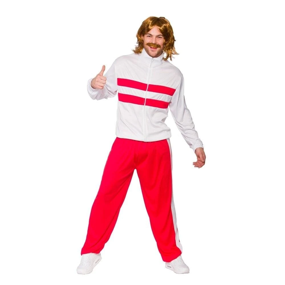 Mens 80s Retro Tracksuit Red Fancy Dress Halloween Costume 3 Mens 80s Retro Tracksuit Red Fancy Dress Halloween Costume