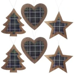 Set Of 6 Tartan Wooden Hanging Christmas Tree Decorations