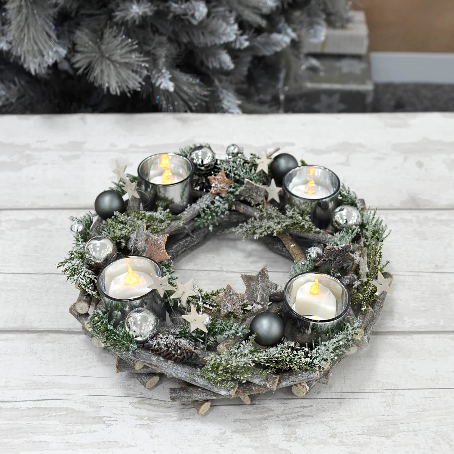 Wooden Wreath Tealight Candle Holder Christmas Decoration 30cm 3 Wooden Wreath Tealight Candle Holder Christmas Decoration 30cm