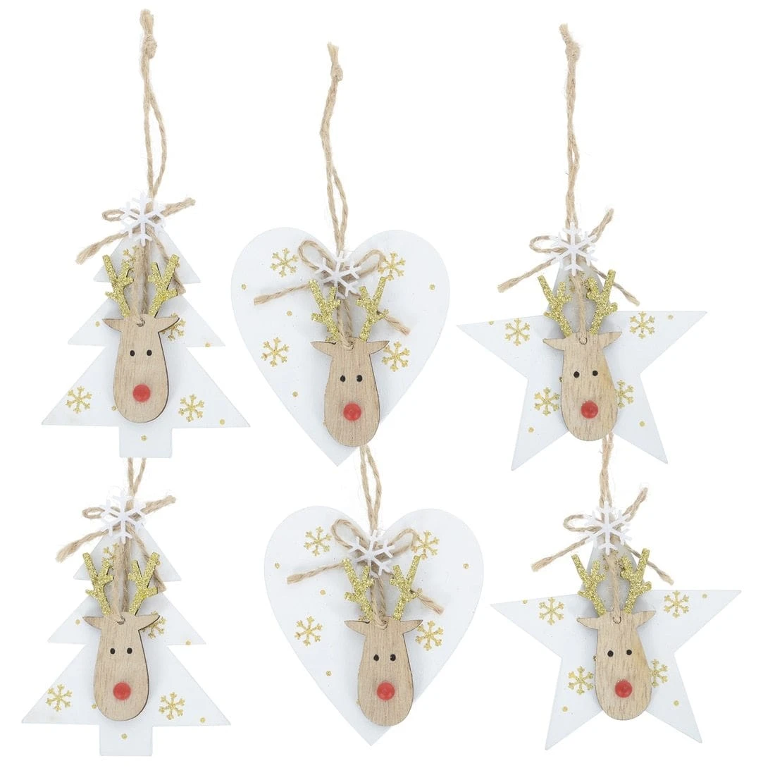 6PK White Wooden Reindeer Christmas Tree Decorations 3 6PK White Wooden Reindeer Christmas Tree Decorations