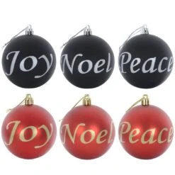 6pk Joy Peace Noel Christmas Tree Baubles Black Or Red 8cm