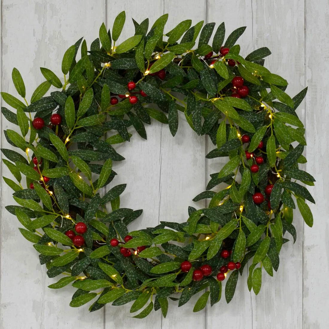 24" Pre Lit Christmas Wreath Fabric Leaves Berries Battery Op 4 24" Pre Lit Christmas Wreath Fabric Leaves Berries Battery Op - Image 2