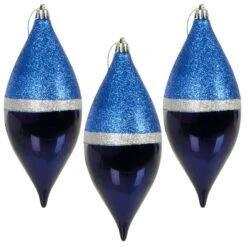 3pk Large Teardrop Christmas Tree Baubles 18cm Navy Silver