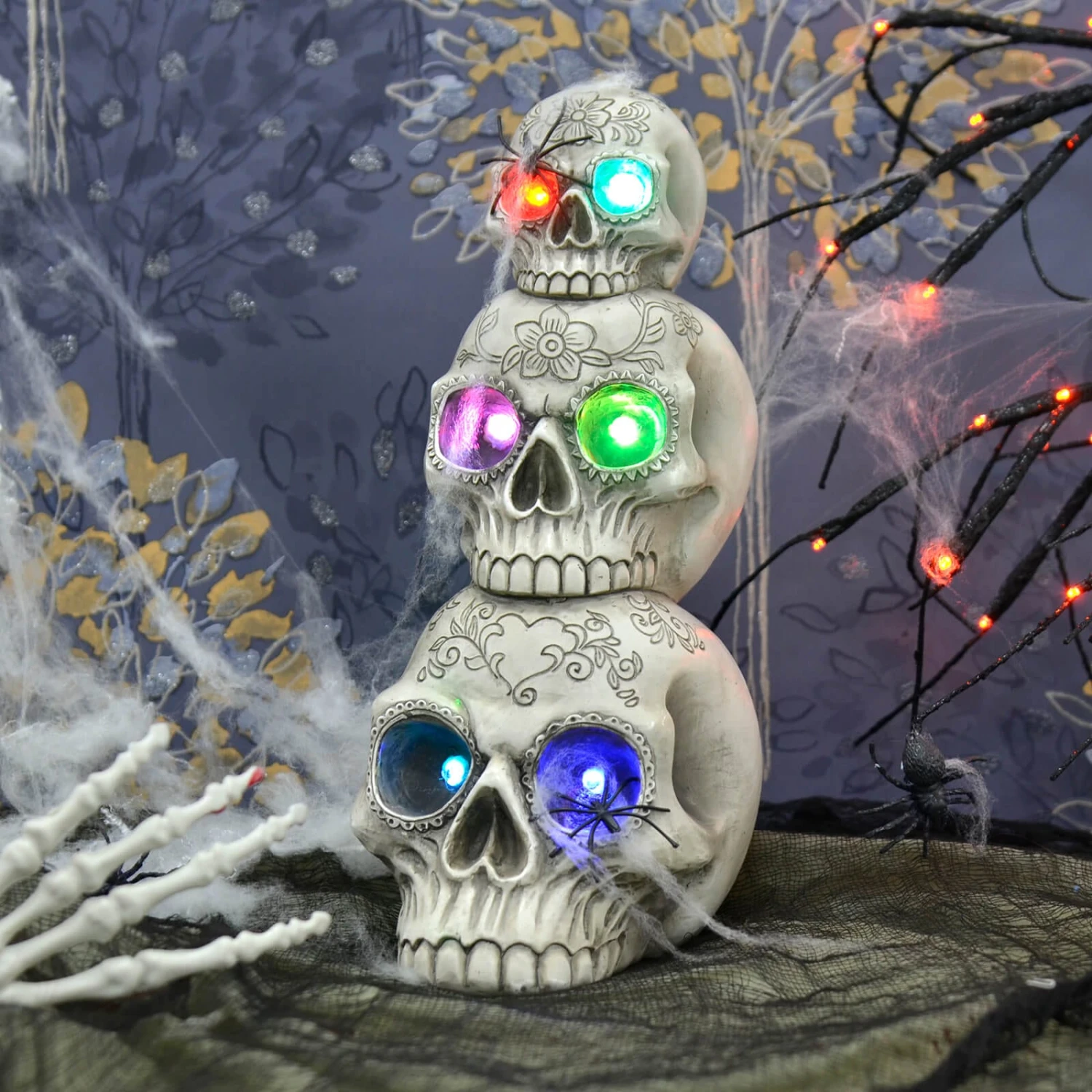 Light Up Skull Stack Colour Change LED Halloween Decoration 30cm 3 Light Up Skull Stack Colour Change LED Halloween Decoration 30cm