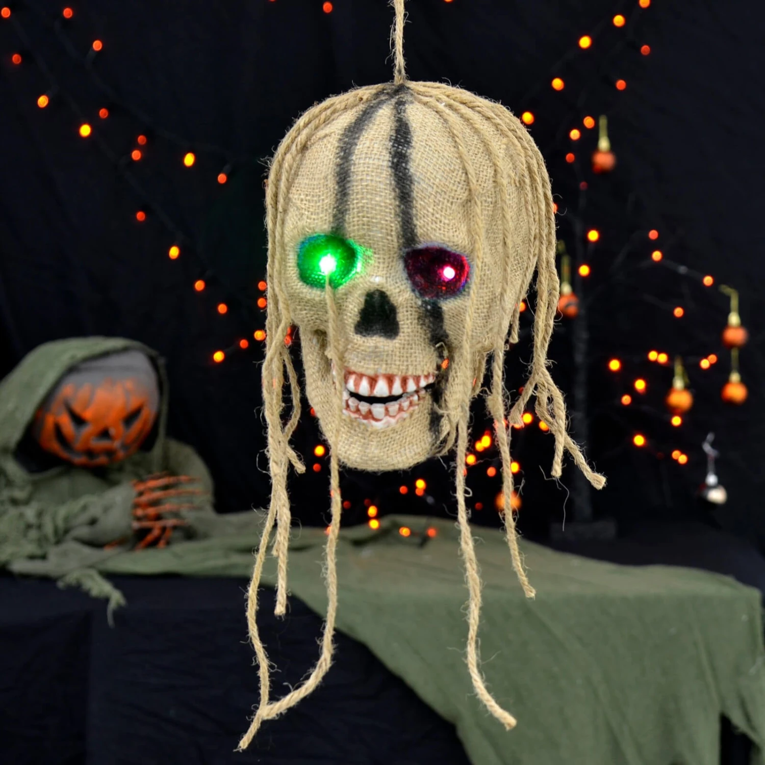 Light Up Hanging Skull Halloween Decoration Rope Hair 19cm 3 Light Up Hanging Skull Halloween Decoration Rope Hair 19cm