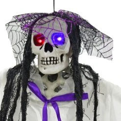 4ft Hanging Skeleton Flashing Eyes Purple Bow Webs Decoration -Halloween Supply Store XS7452 2 opt