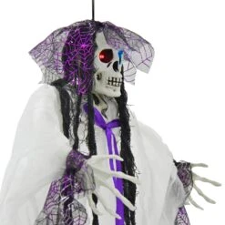4ft Hanging Skeleton Flashing Eyes Purple Bow Webs Decoration -Halloween Supply Store XS7452 4 opt