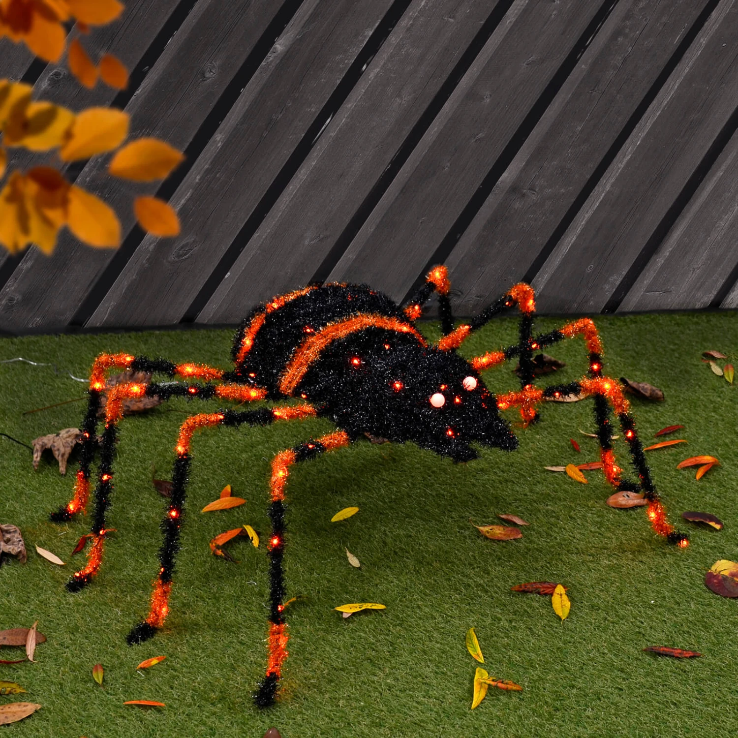 Large Light Up Spider Decoration Black Tinsel Orange LED 90cm 3 Large Light Up Spider Decoration Black Tinsel Orange LED 90cm