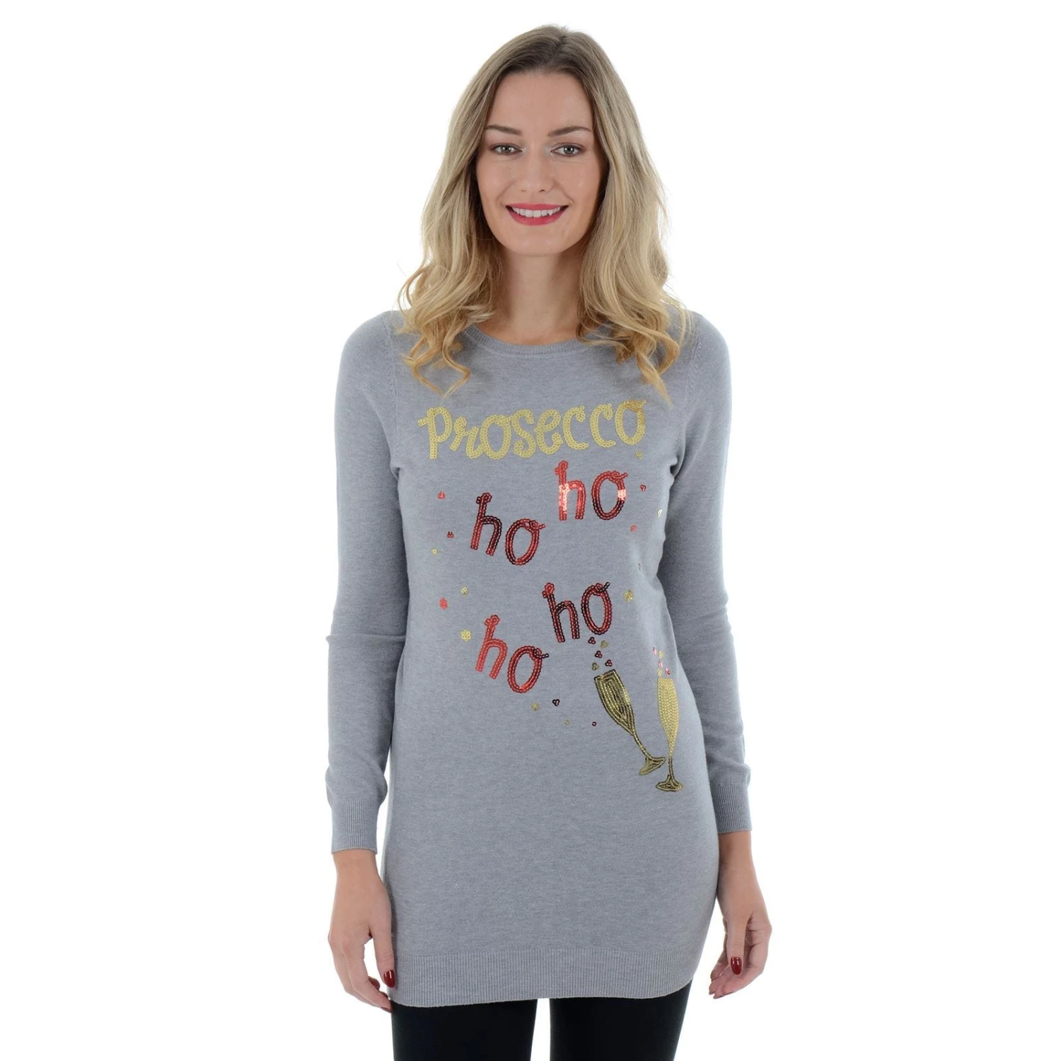 Womens Novelty Sequin Prosecco HO HO HO Tunic Christmas Jumper 6 Womens Novelty Sequin Prosecco HO HO HO Tunic Christmas Jumper - Image 4
