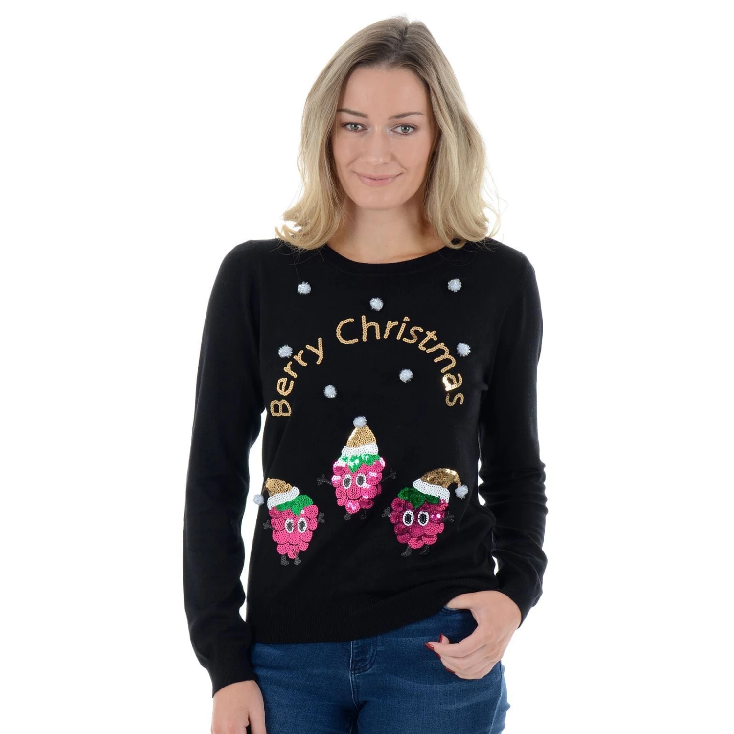 Womens Novelty Sequin Raspberry Christmas Jumper 3 Womens Novelty Sequin Raspberry Christmas Jumper