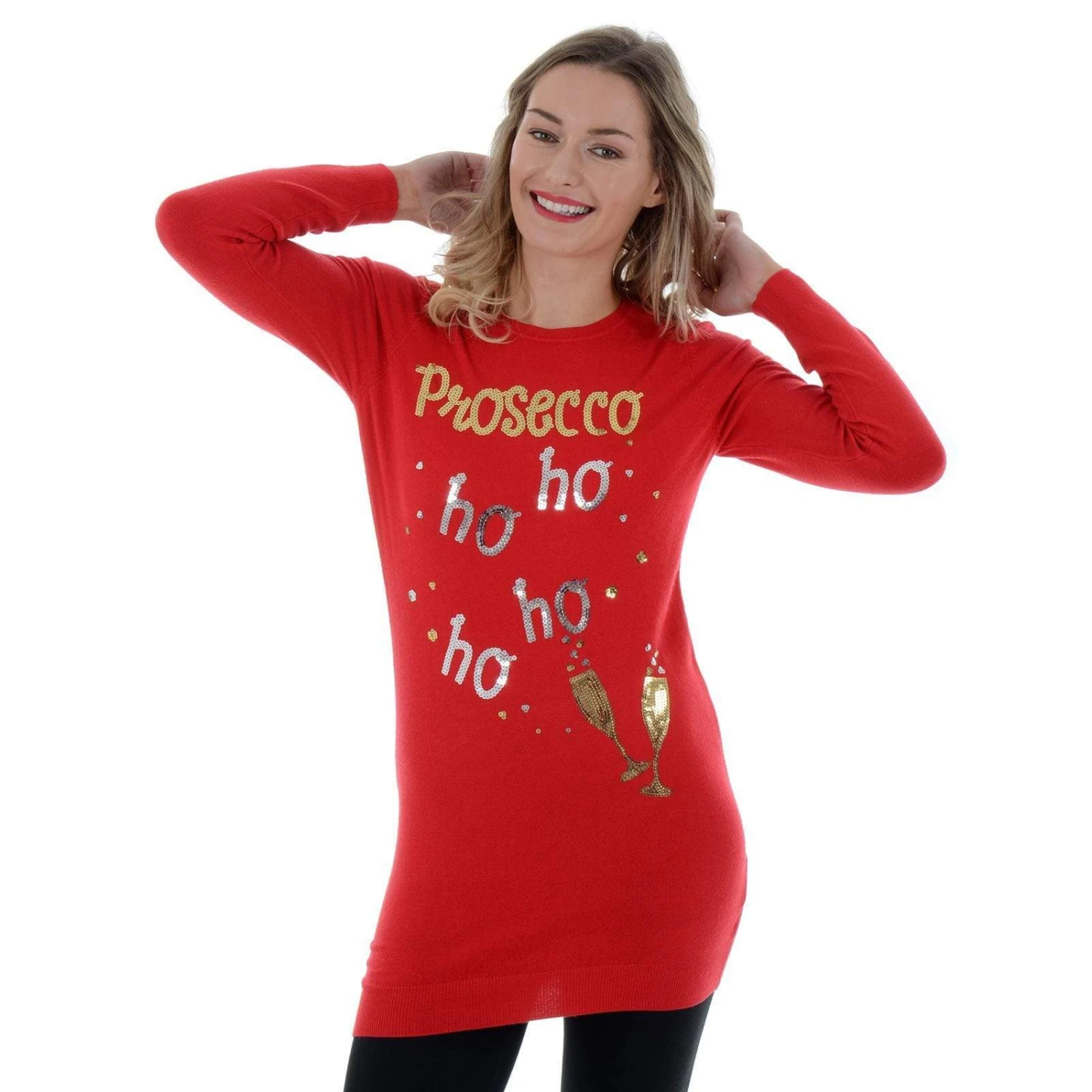 Womens Novelty Sequin Prosecco HO HO HO Tunic Christmas Jumper 4 Womens Novelty Sequin Prosecco HO HO HO Tunic Christmas Jumper - Image 2